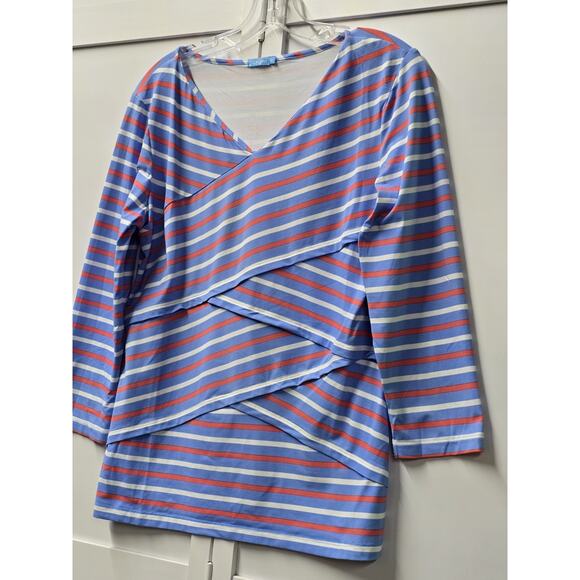 J. McLaughlin Nicola Blue V Neck Layered Striped Resort Classic Top XLARGE - Picture 2 of 3
